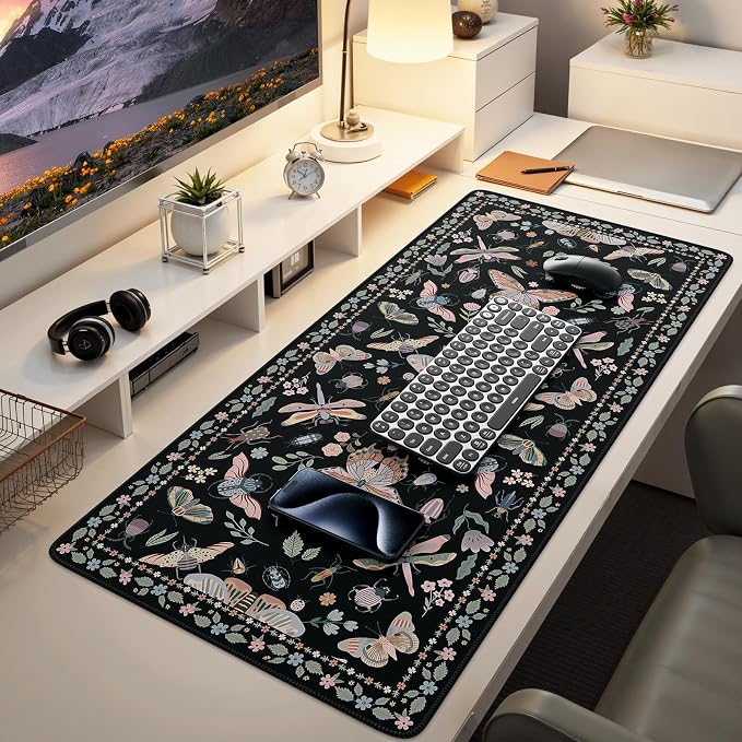 iCasso Black Large Mouse Pad, Desk Matt for Desktop, XXL Desk Mat for Keyboard and Mouse, Anti-Slip Big Mousepad Computer Mat with Stitched Edges(Insects)