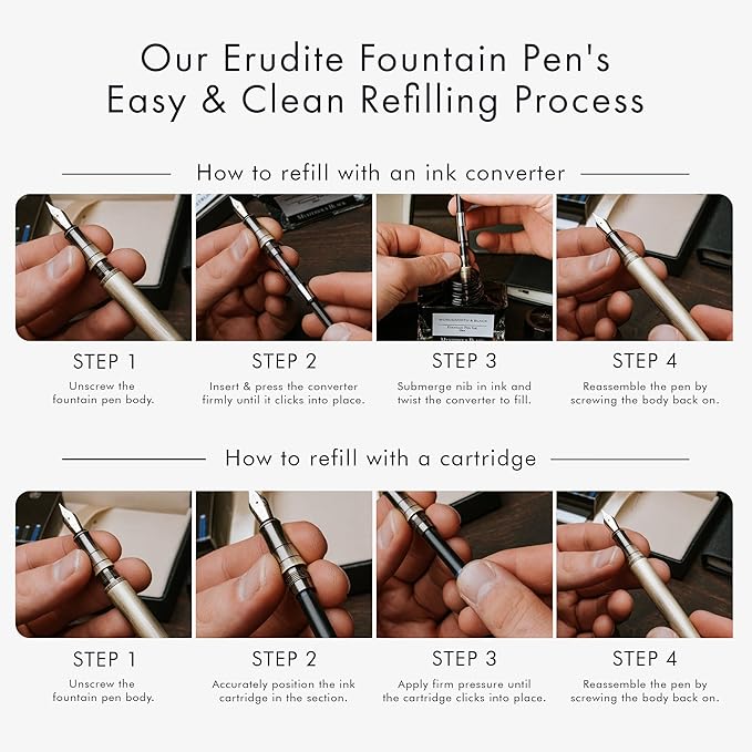 Wordsworth & Black Luxury Fountain Pen Set for Writing, Medium Nib, Gold | Gift for Men & Women, Brass Body, 18K German Iridium, Calligraphy, Converter + 24 Ink Cartridges, Refillable, Leak-Free