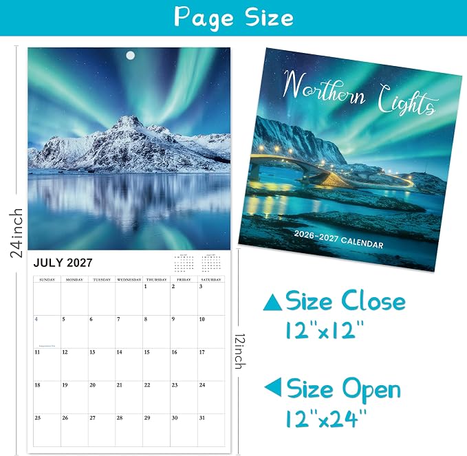 2026-2027 Calendar - 18-Month Wall Calendar 2026-2027 from Jul. 2026 - Dec. 2027, Wall Calendar 12" x 24"(open), Calendars with Unruled Blocks, Holidays, Thick Paper for Organizing & Planning - Northern Lights