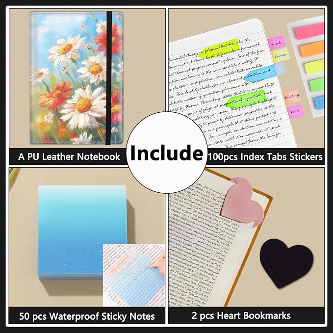 A5 Leather Lined Journal Notebook, 200 Pages Hardcover Executive Notebook for Men Women Office School Note Taking, Thick Writing Paper Daily Journal with Bookmarks/Indexes, Daisy Oil Painting