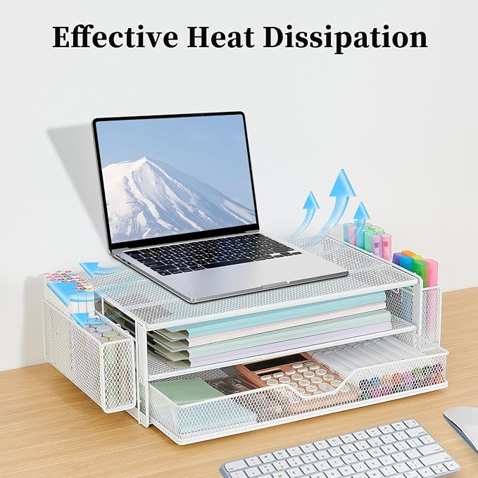 AUPSEN Computer Monitor Stands Riser，2-Tier Desk Organizers and Accessories, Office Desk Accessories Organizer with Drawers and 2 Pen Holder for Office Supplies (White)