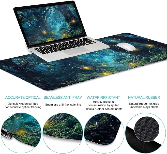 LIMKRIAN Mouse Pad with Wrist Rest, Firefly Forest Computer Desk Mat Set | Ergonomic Wrist Rest for Computer Keyboard, Large Mouse Pads for Desk Gaming, Cute Aesthetics Home Office Desk Accessories