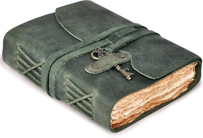 LEATHER VILLAGE Vintage Leather Journal – 200 Handmade Vintage Deckle Edge Paper – Leather bound Journal For Women Men – Vintage Key Closure - Book of Shadows - Aqua - 6X4 inches (A6)