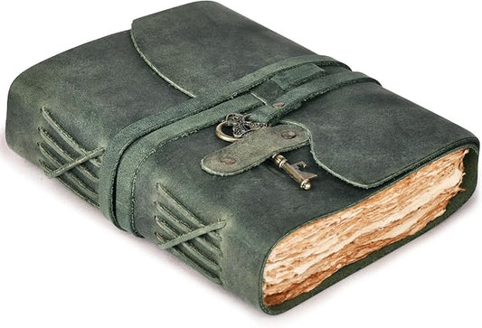 LEATHER VILLAGE Vintage Leather Journal – 200 Handmade Vintage Deckle Edge Paper – Leather bound Journal For Women Men – Vintage Key Closure - Book of Shadows - Aqua - 6X4 inches (A6)