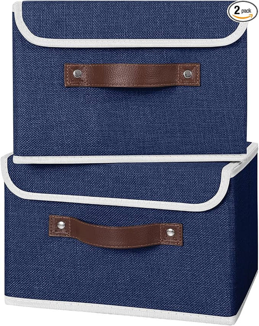 ANMINY 2PCS Storage Bins with Lid PU Leather Handles Storage Boxes PP Plastic Board Decorative Foldable Lidded Cotton Linen Fabric Home Cubes Baskets Closet Organizer Containers - Blue, Small Size