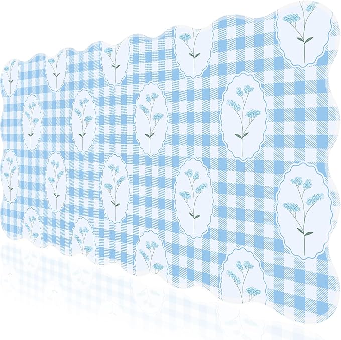 L-SPOUTTO Blue Mouse Pad,Cottagecore Scalloped Desk Mat XXL Gaming Mousepad | Checkered Floral Large 35.4x15.7in Non-Slip Rustic Keyboard Pad Desktop Mat for Laptop Computer Game Home Office