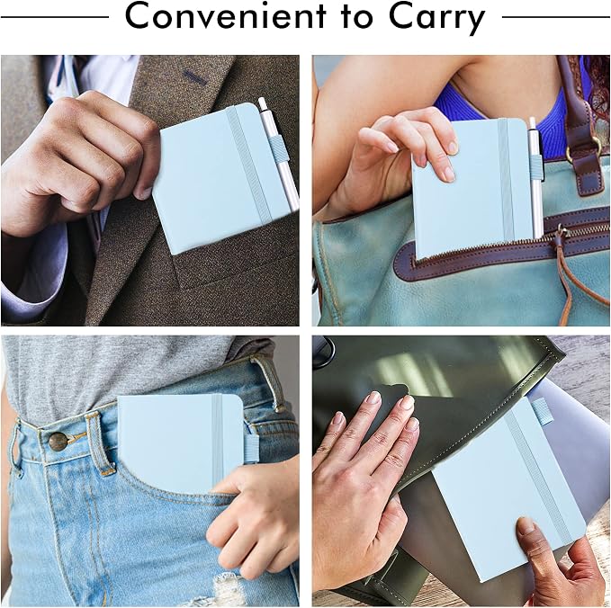 feela 6 Pack Pocket Small Notebooks Bulk, Mini Cute Memo Notepads Hardcover College Ruled Lined Journals with Pen Holder for Women Girls Office School, with 6 Black Pens, 3.5”x 5.5”, A6, Light Blue