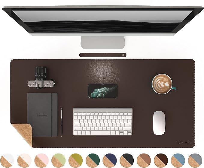 RENMTURE Dual-Sided Mouse Pad, Natural Cork & PU Leather Large Desk Pad for Office and Home Work, Desk Protector Non-Slip, Waterproof, Easy Clean (Dark Coffee, 36"x17")