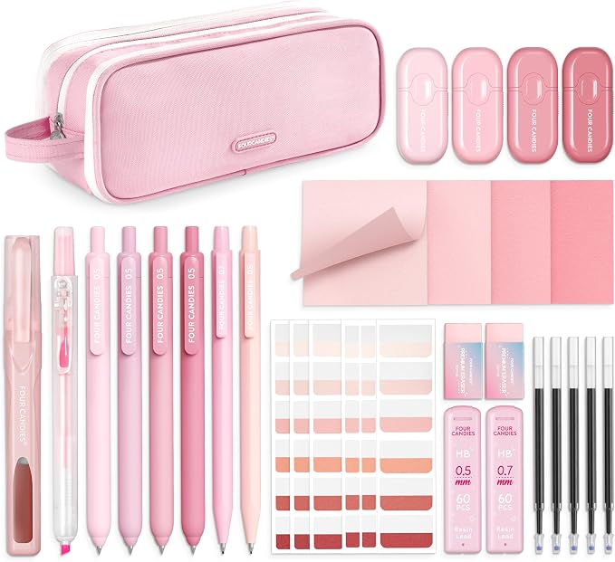 Four Candies Cute Aesthetic Pink School Supplies Kit for Girls | College Supplies and Nursing Essentials Pens, Highlighters, Mechanical Pencils, Sticky Notes for Students, Journaling