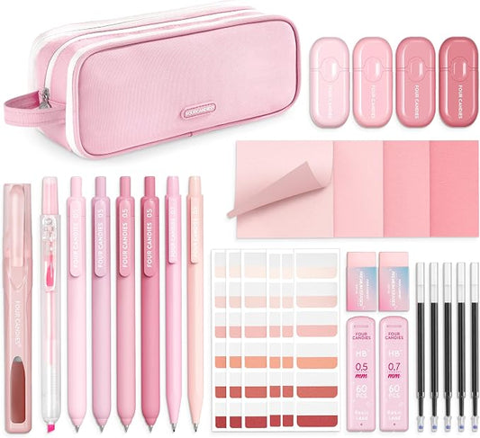 Four Candies Cute Aesthetic Pink School Supplies Kit for Girls | College Supplies and Nursing Essentials Pens, Highlighters, Mechanical Pencils, Sticky Notes for Students, Journaling