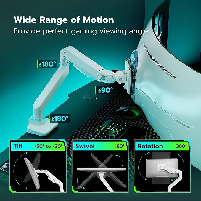 ARES WING Ultrawide Monitor Arm for 17 to 49 Inch and 44 Lbs Screen, White | Pro Gas Spring, Full Range of Motion, for 75/100 Vesa Mount, for Samsung, LG Curved/Flat Monitor, with C Clamp, Grommet Base