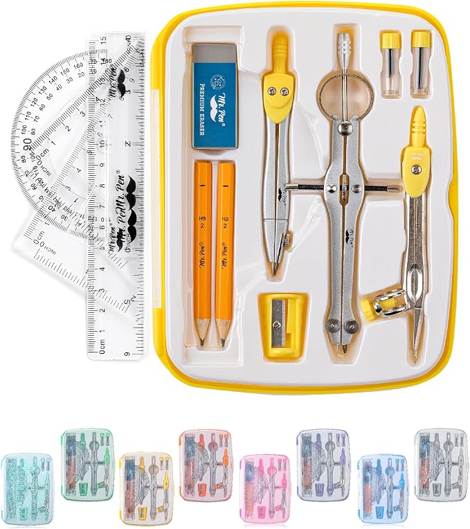 Mr. Pen- Geometry Set, 13 pcs, 3 Metal Compasses, Protractor, 6" Ruler | 45° & 30°/60° Set Squares, Pencils, Lead Refills, Sharpener & Eraser for Math, Drafting & Classroom Use | 45° & 30°/60° Set Squares, Pencils, Lead Refills, Sharpener & Eraser for ...