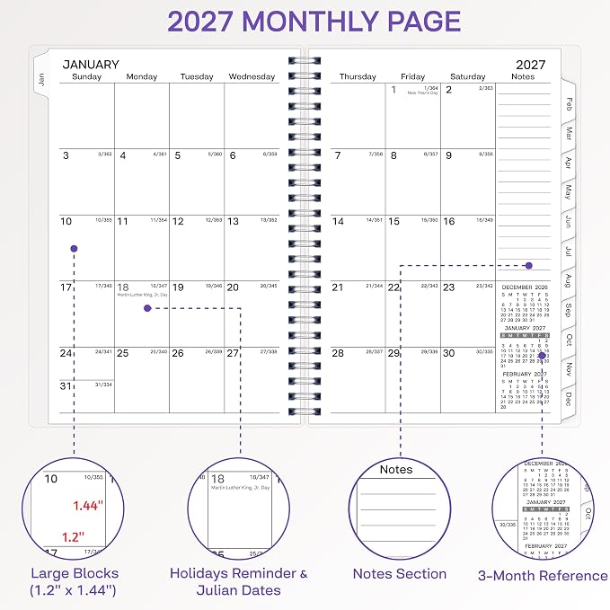 2027 Planner, Weekly ＆ Monthly Planner 2027, Jan 2027 – Dec 2027, 6.2" x 8.42", Flexible Cover, 12 Monthly Tabs, Thick Paper, Spiral Wirebound, Inner Pocket