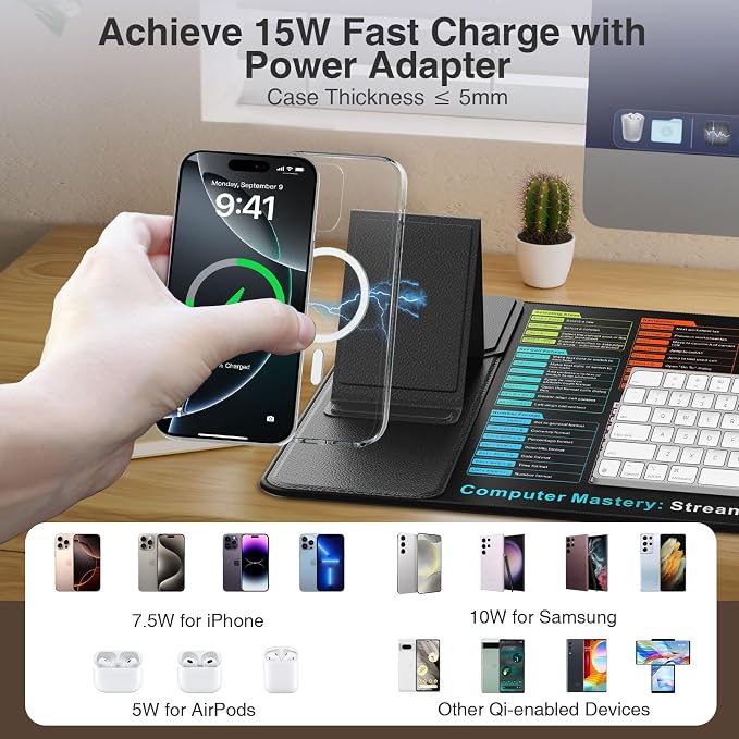 Wireless Charging Mouse Pad with Foldable Phone Holder | 31.5"x15.8" XXL Excel Cheat Sheet Desk Mat for Laptop/Keyboard, Waterproof Ultra-Smooth Surface, Non-Slip Base