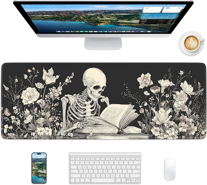 Skull Mouse Pad, 31.5 x 11.8 Large Desk Mat with Stitched Edges & Non-Slip Base, Mousepad for Office, Home, Work, White Skull