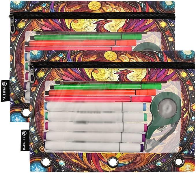 Phoenix Fire Wing Rainbow Glass Pencil Pouch for 3 Ring Binder 2 Pack Zipper Binder Pencil Bag with Clear Window Pencil Case for Office Supplies