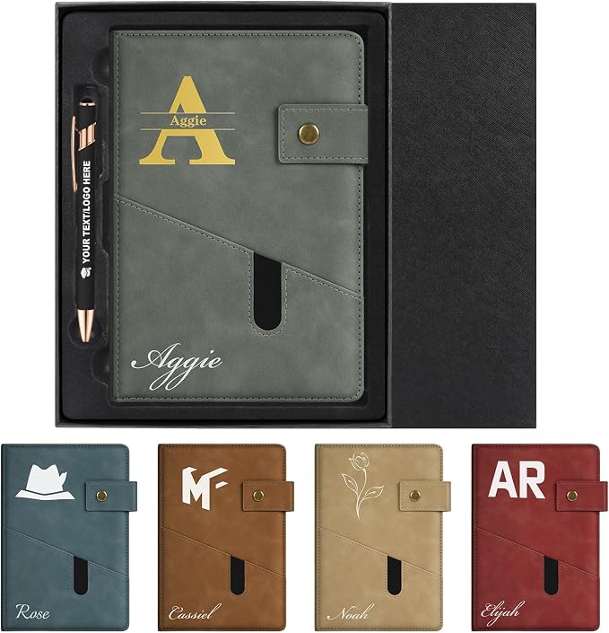 ENOMY Personalized Notebook & Pen Set A5 Notebook with Lock Closure, 200 Lined Pages PU Leather Custom Notebook Cover Premium Gift Box for College Birthday Business Gift, Gray