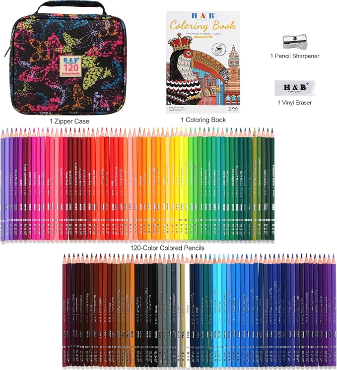 H & B 120-Color Colored Pencils Set with Coloring Book, Eraser, and Sharpener - Perfect for Drawing and Coloring - Soft Oil-Based Cores Ideal for Adults and Beginners
