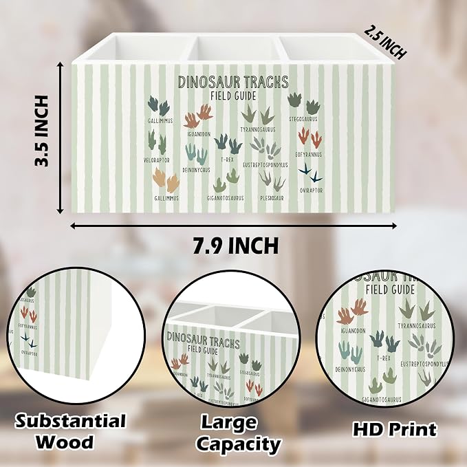 Dinosaur Tracks Nursery Pen Pencil Holder Organizer for Desk, Dino Footprints Educational Wooden Box Signs Decorations for Kids Nursery Room Desk Tabletop, Dinosaur Gifts for Kids Boys