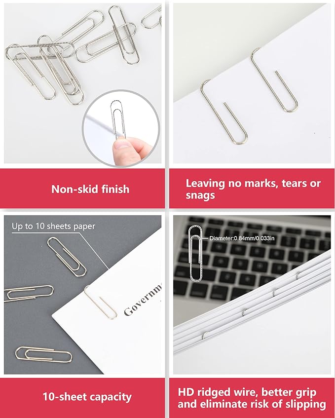 PAPERPAL Paperclips for Office School & Personal Use, #1 Nonskid Paper Clip (1-2/7"), 600 Medium Paper Clips (6 Boxes of 100 Each), Silver | Medium paper clips for office, school and personal use, conveniently packed in 6 boxes of 100 each.