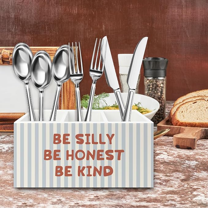 Inspirational Pen Pencil Holder Organizer for Desk, Be Silly Honest Kind Motivational Blue Striped Wooden Box Signs Decorations for Kids Nursery Room Bedroom Desk Tabletop, Inspirational Gifts