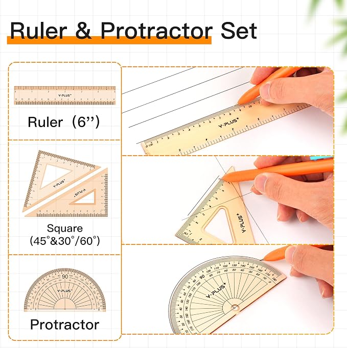 YPLUS Geometry Set, Protractor and Compass Set for Students, 11Pcs | Compass Drawing Tool with Metal Case, Protractor, Formula Card, Rulers, Mechanical Pen, School Supplies for Students