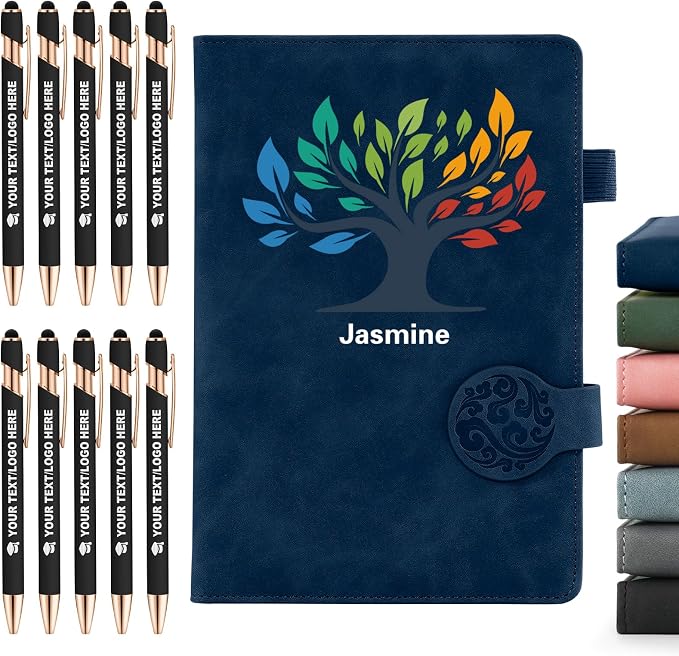 ENOMY Personalized Notebook & 10 PC Pens Set Custom Notebook 200 Pages A5 Lined Journal for Men Women Leather Notebooks for Work Office College Graduation New Year Gifts, Dark Blue