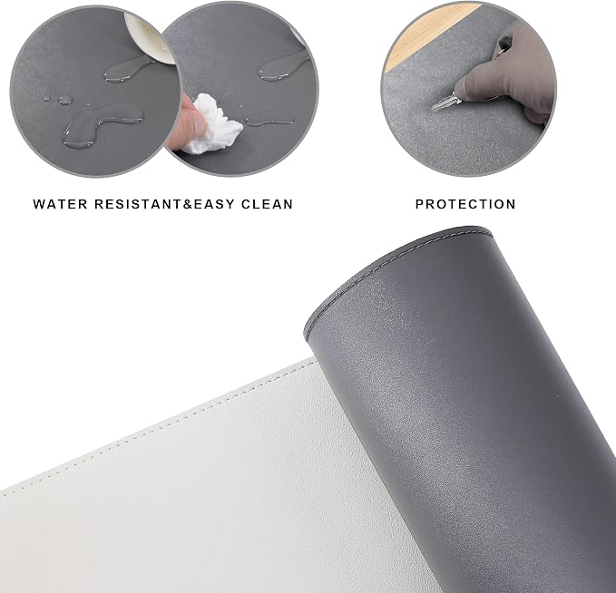 Chihein 53.2” x 65” x 19.7” L Shaped Leather Desk Mat - Big Gaming Corner Desk Pad, Non-Slip Waterproof Surface, Easy to Clean, Perfect for Office, Home (Gray/White)