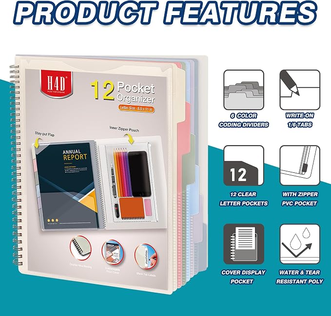 H4D 12 Pocket Poly Project Organizer, Multi Pocket Folder, Pastel Colors | 12 Pocket, Spiral, Multi-Subject, Folder Notebook, Letter Size