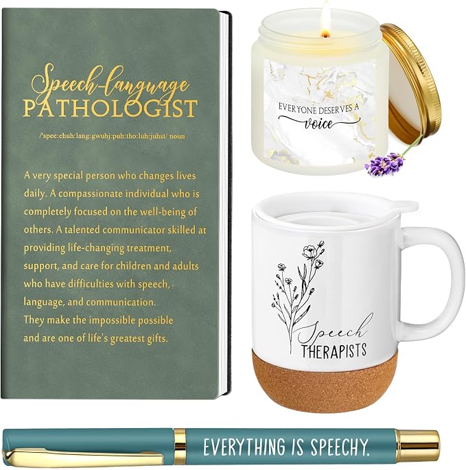 Sayglossy 4 Pcs Speech Therapist Gift Set Therapy Speech Language Pathologist Gift for Men Women Slp Thank You Appreciation Notebook Coffee Mug Scented Candle Ballpoint Pen for Therapist Coworker