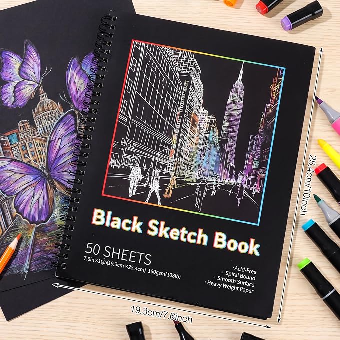 Black Paper Sketchbook, 7.6 × 10 in, 50 Sheets, Spiral Hardcover | 160gsm Acid-Free Black Paper, Lays Flat, Tear-Out Pages, for Colored Pencils, Chalk, Metallic Markers