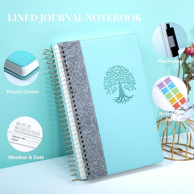 Spiral Notebook Wide Ruled Leather Journal for Women, 300 Pages, 7X10,Blue | Large Notebooks for School Office, Note Taking Notebooks for Writing Lined Notebook with Tabs Pockets Pen Holder