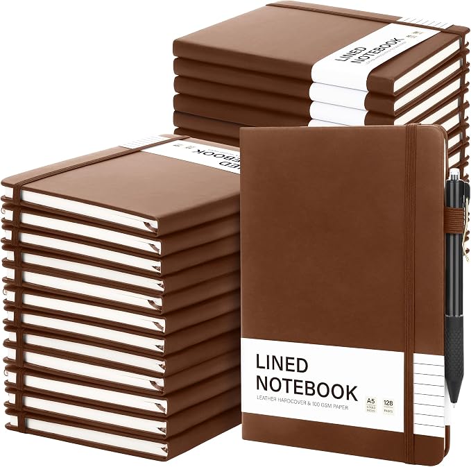Aodaer 30 Set Lined Notebook Journals with Pens A5 Notebooks 100 GSM College Ruled Hardcover Notebook PU Leather Notepad with Pen Holder for Office School, 5.7 x 8.3 Inches, Dark Brown