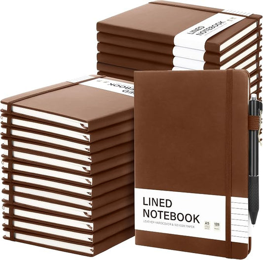Aodaer 30 Set Lined Notebook Journals with Pens A5 Notebooks 100 GSM College Ruled Hardcover Notebook PU Leather Notepad with Pen Holder for Office School, 5.7 x 8.3 Inches, Dark Brown