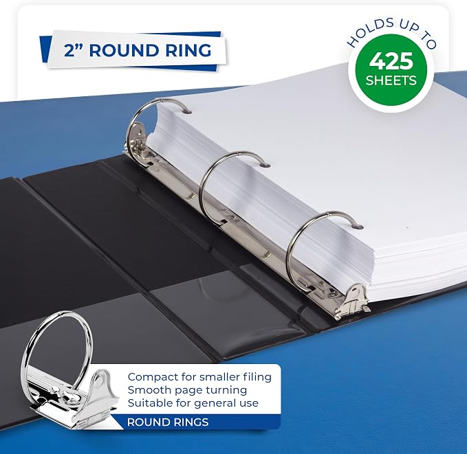 Samsill 2 Inch 3 Ring Binder, Economy Round Ring, Clear View Cover, 425 Sheet Capacity - for School, Home, Office - Black