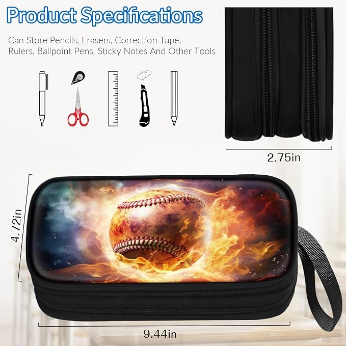 TILYTADLY Large Pencil Case for Boys - Baseball Boys Pencil Pouch with Zipper Compartments - Big Capacity Pen Box Pen Bag Organizer with Keychain for Kids Teens School