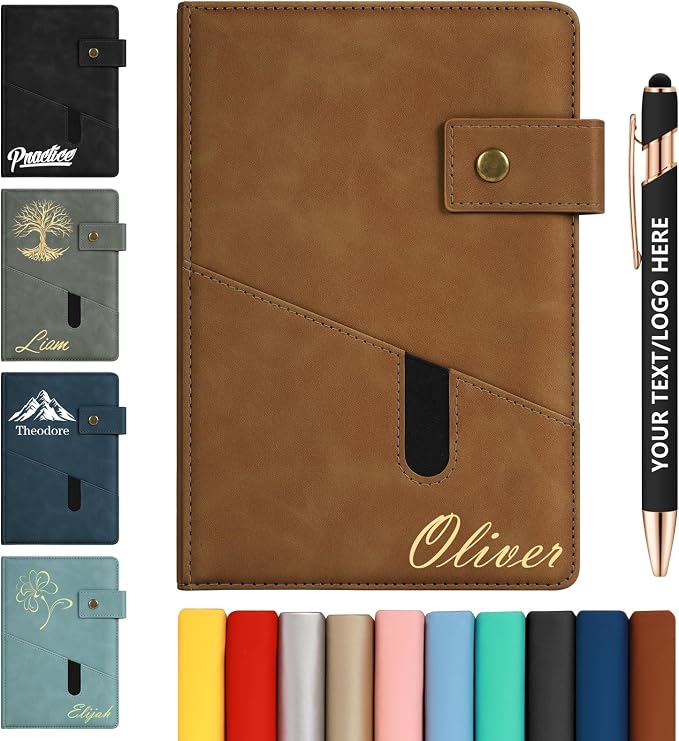 ENOMY Personalized Notebook & 10 PC Pens Set A5 Notebook with Ribbon Bookmark PU Leather Custom Notebook Cover for College Graduation Birthday Business Gifts, Brown