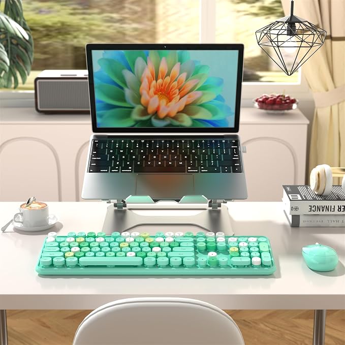 MPTOG Colorful Wireless Computer Keyboard and Mouse Combo (Green-Colorful) | Retro Round Typewriter Keycaps, Power Switch, Ergonomic Design, 2.4GHz Wireless for Windows, Mac, PC