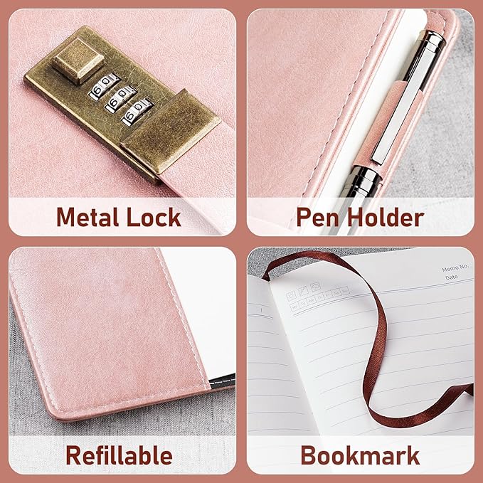 WEMATE Diary with Lock, A5 PU Leather Locked Journal 240 Pages Rose Gold | Vintage Lock Journal Notebook with Pen & Gift Box, Lock Diary Planner Organizer for Men and Women, 8.6x5.8in