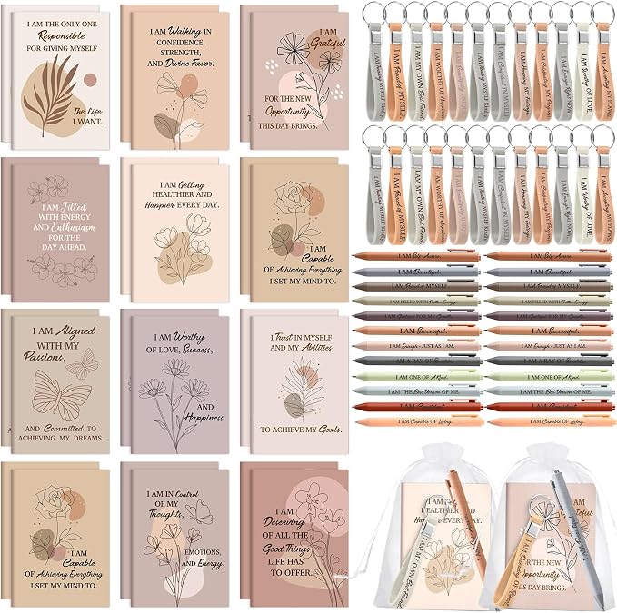 Mooliwe 12 Set Positive Affirmation Gift Set Gratitude Notebooks with Pens Keychains Small Bags Motivational Party Favors for Adult Women Coworkers Employee Group (Elegant)