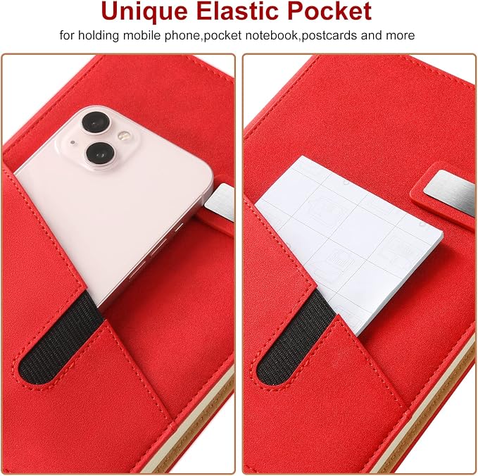 A5 Lined Leather Journal with Pen, 240 Pages Refillable Hardcover Notebook with Pocket and Magnetic Buckle, 80gsm Thick Daily Diary for Men and Women, Great Gift for Business Travel Personal - Red