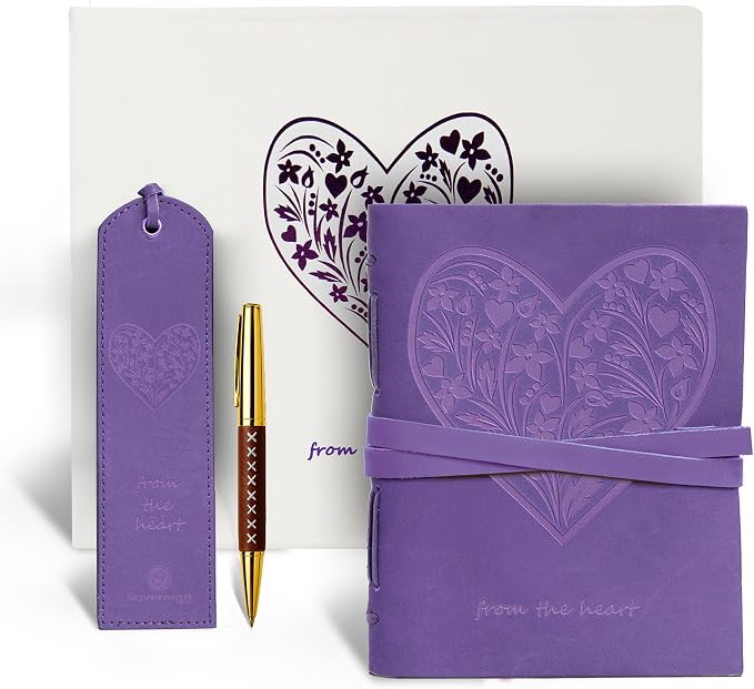 Sovereign-Gear Purple Heart Leather Journal Gift Set – Embossed Buffalo Leather Notebook + Bookmark & Pen - Romantic Writing Journal for Women - Premium Gift Box for Valentine’s, Anniversary, Birthday