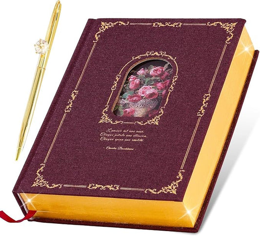 Thick Journal Notebook for Women & Girls, 360 Pages A5 Writing Journaling Notebook with Paintings, Women Journal for Writing, Vintage Journal with Gift Box & Pen for Women Gift Ideas (Claret)