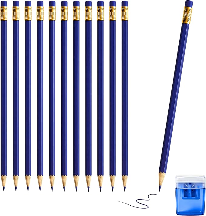 12 Pcs Blue Pencils with Eraser for Kids HB Erasable Pencils Pre-Sharpened Professional Wooden Pencils Set with Smooth Lead Cores, Ideal for School Drawing, Sketching, Coloring and Creative Projects
