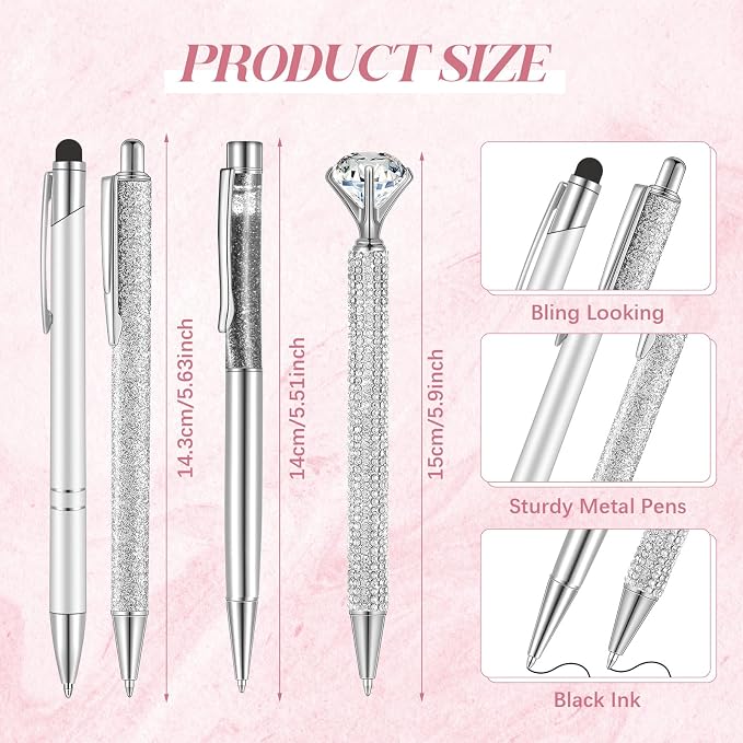 Sabary 8 Pcs Silver Pens with Pen Holder for Desk Glitter Crystal Diamond Cute Ballpoint Fancy Pencil Holder Bling Desk Organizer for Women Girls School Office Supplies Wedding Graduation Gifts