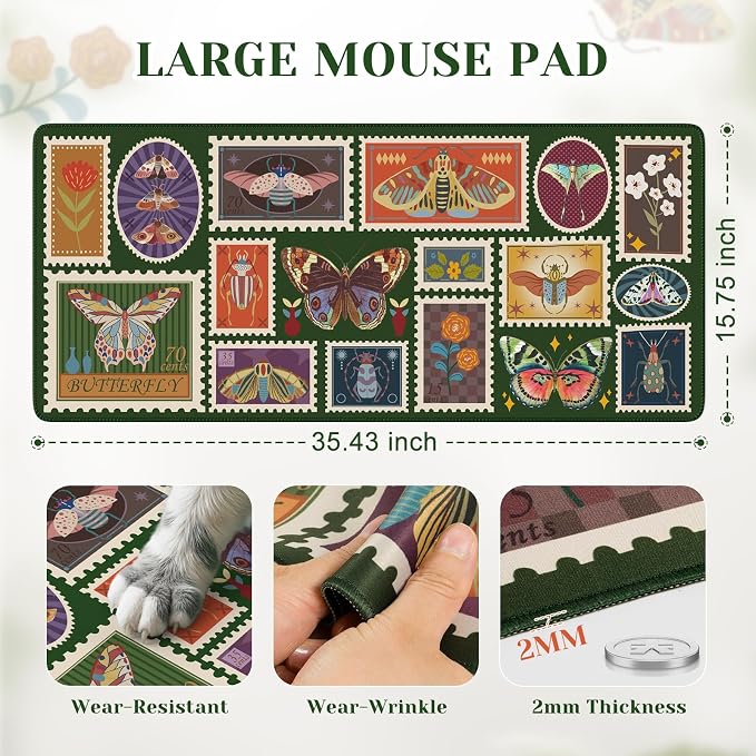 iCasso Vintage Desk Cover Mat, XXL Large Butterfly Mouse Pad,Desk Matt for Desktop Protector, Anti-Slip Mousepad with Stitched Edges for Laptop Computer Keyboard(Olive Green)