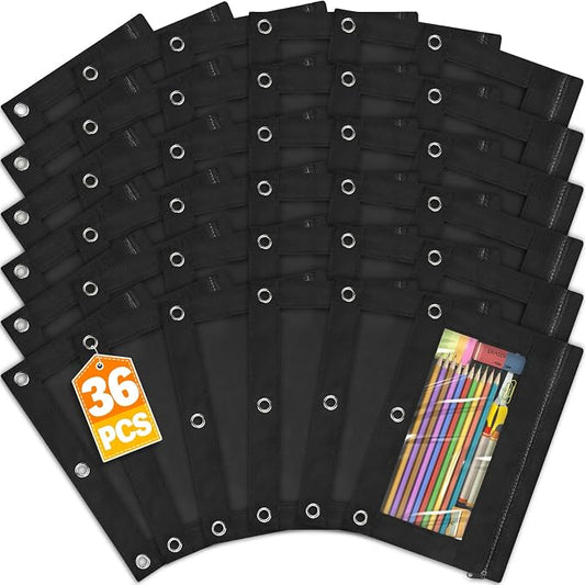 Pencil Pouch for 3 Ring Binder, 100 Packs Zipper Pencil Pouch Bulk in Black Colors, Pencil Case for Binder with Clear Window for School, Home and Office