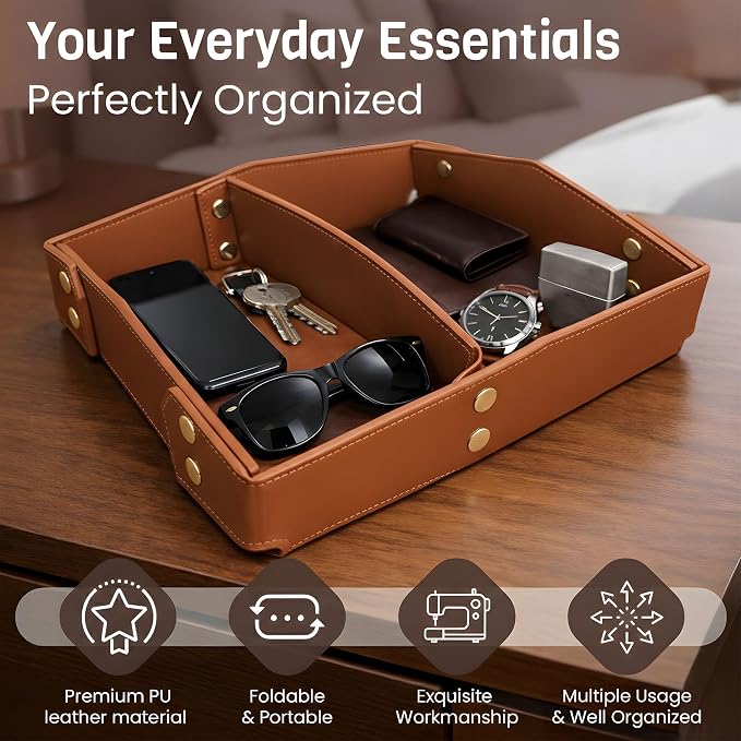 Valet Tray Organizer for Men & Women - PU Leather Catch All Tray with Removable Divider - EDC Storage for Keys, Watch, Phone - Nightstand, Dresser & Desk Organizer - Saddle Tan