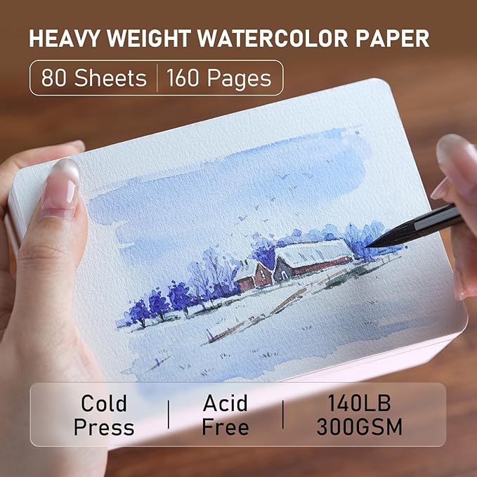 FLUNBRATO Mini Watercolor Sketchbook 80 Sheets, 2.6 x 3.3 Inch, 100% Cotton Mini Travel Watercolor Paper Book, Cold Press 140LB 300GSM, Two-Edge Glue Binding Small Compact Painting Notebook