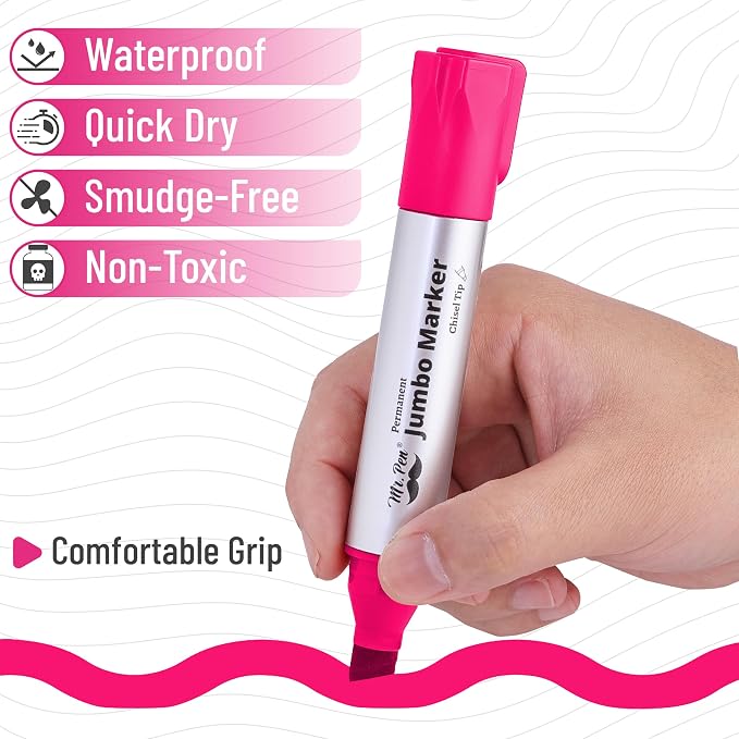 Mr. Pen- Jumbo Permanent Markers, 4 Pack, Pink, Chisel Tip, Wide Tip, Large | Thick Permanent Markers for Canvas, Posters Board, Fabric, Window, Glass, Wood, Waterproof, Quick Dry